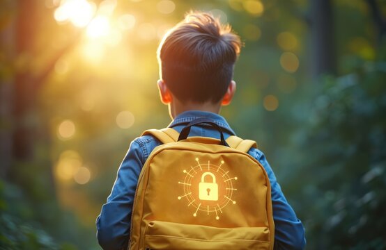 Young student wearing yellow backpack with digital padlock symbol walks outdoors. Back view of child represents security in education. Concept relates online privacy school data protection connected