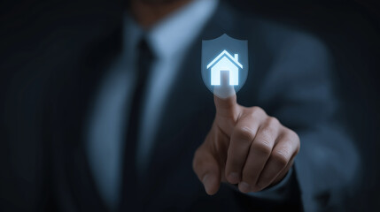 Businessman Touching House and Shield Icons Representing Home Insurance, Property Protection, Real Estate Security, Residential Safety and Risk Management