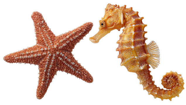 Two aquatic creatures, a starfish and a seahorse, isolated on a solid black background