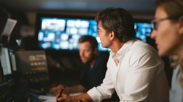 Director guides actors with expressive gestures while assistants manage monitors, editors mark scripts, and cameras capture every move, symbolizing behind the scenes leadership shaping cinematic