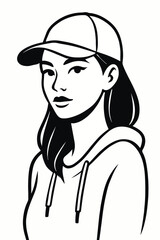 Stylish line drawing of a girl in baseball cap, sporty fashion.