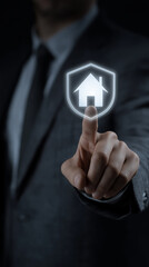 Businessman Touching House and Shield Icons Representing Home Insurance, Property Protection, Real Estate Security, Residential Safety and Risk Management, Vertical