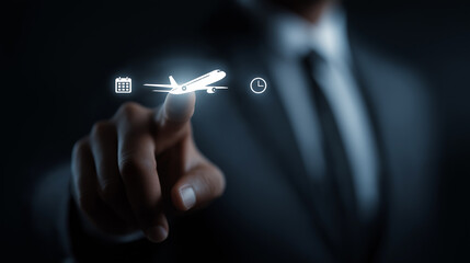 Businessman Touching Airplane, Calendar and Clock Icons Representing Business Travel Planning, Corporate Meetings Abroad, Time Management and Professional Scheduling