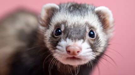 Ferret with bright eyes and curious expression against a pink background brings joy and charm to the room