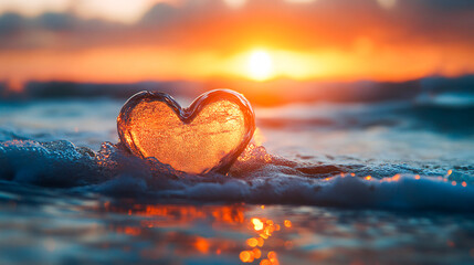 Fototapeta premium Close-Up of Heart Against Colorful Ocean Sunset – Love and Nature Concept