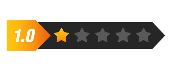 One star rating bar with numeric label 1.0 in arrow design, lowest review feedback score symbol for poor service, PNG with transparent background