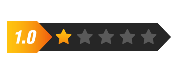 One star rating bar with numeric label 1.0 in arrow design, lowest review feedback score symbol for poor service, PNG with transparent background