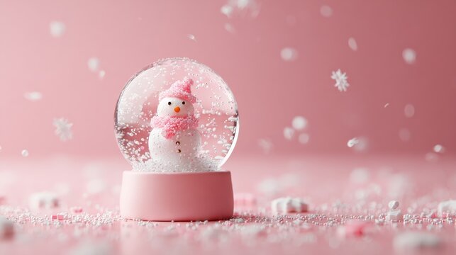 Clear snow globe featuring a white snowman with a red scarf inside, set against a blurred neutral background, ideal for winter and holiday-themed designs.
