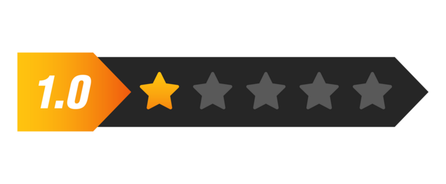 One star rating bar with numeric label 1.0 in arrow design, lowest review feedback score symbol for poor service, PNG with transparent background