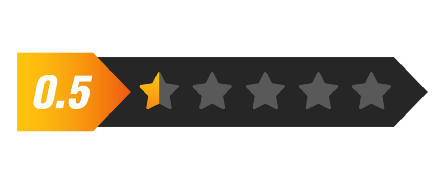 Half star rating bar with numeric label 0.5 in arrow style, very poor review feedback score and lowest customer trust, PNG with transparent background
