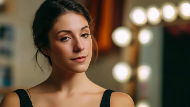 A thoughtful woman gazes into a well-lit mirror reflecting her beauty and inner thoughts, highlighting the significance of self-reflection and personal transformation.