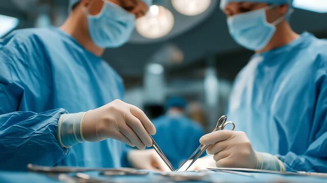 In the sterile atmosphere of an operating theater, gloved hands hold surgical instruments with absolute precision, symbolizing modern medicine, hygiene, and advanced healthcare expertise.