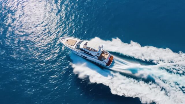 Aerial view of a speedboat racing across the ocean with people on board enjoying their leisure time.