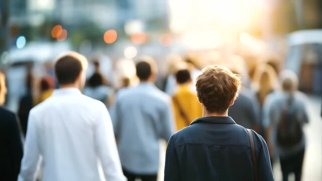 Large blurred crowd of people walking through a busy city street while one figure remains faceless and obscured, representing anonymous existence, social invisibility, secrecy of identity, hidden
