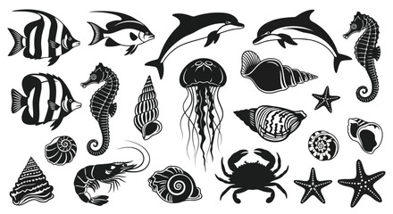 Vector illustration of collection of black and white illustrations of marine life including fish, dolphins, seahorses, jellyfish, crabs, shrimp, and seashells