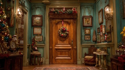 Obraz premium Wooden door decorated with a green Christmas wreath in a cozy indoor room, featuring warm lighting and festive holiday decor.