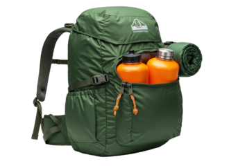 Isolated green backpack with orange bottles and roll mat for hiking, camping, travel