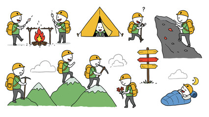 Happy Outdoor Adventurers Vector Illustration Set: Camping, Hiking, and Exploration