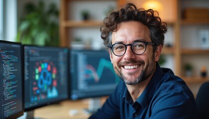 Smiling man with curly hair, glasses sits in front of three computer screens displaying code, data visualizations in modern office setting. Data analyst programmer working on project. Multiple