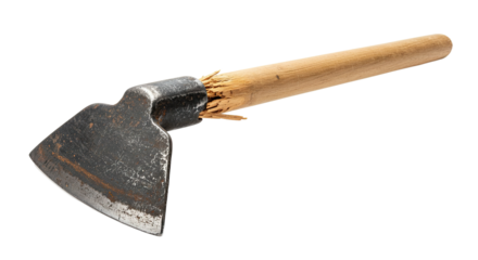 Close up of a vintage metal hoe with wooden handle.