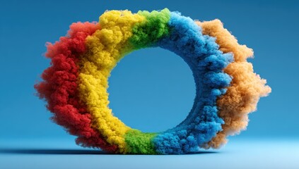 A colorful, fluffy ring made of rainbow hues on a vibrant blue backdrop