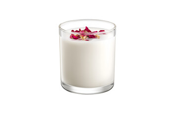 Refreshing milky drink garnished with delicate rose petals, perfect for wellness and beauty promotions