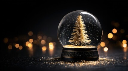 Close-up of a clear snow globe featuring a decorated Christmas tree inside, set against a soft white background with reflective glass details.