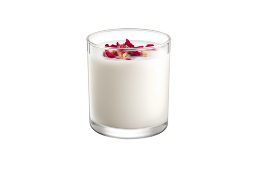 Refreshing milky drink garnished with delicate rose petals, perfect for wellness and beauty promotions