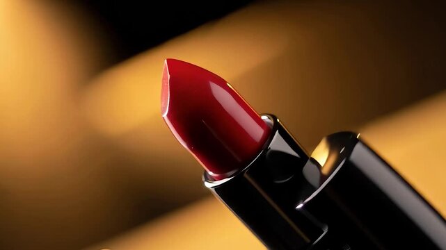 Close up of red lipstick in black case, beautiful cosmetic product on blurred background for beauty and makeup concepts
