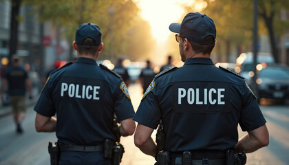Two police officers patrol a city street during daytime. They wear dark uniforms with POLICE text. The background shows blurred city buildings and vehicles.