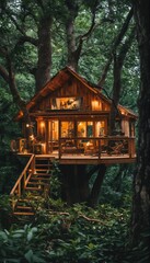 a warmly lit, rustic treehouse nestled among lush green foliage offers a cozy and inviting escape into nature.