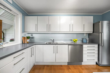 Modern luxury kitchen interior in minimal scandinavian style, 3d render