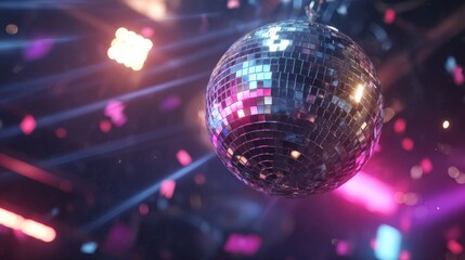 Shiny silver disco ball suspended from ceiling in an indoor room with soft lighting, creating reflective light patterns ideal for party or event decor.