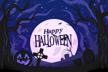 This PNG illustration shows a spooky full moon with bats, trees, and the text &ldquo;Happy Halloween,&rdquo; ideal for seasonal banners, greeting cards, and posters.