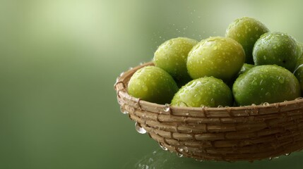 A basket of green olives with water droplets on the surface, on a green background, rendering, high resolution photography, professional color grading and soft shadows for commercial advertising.
