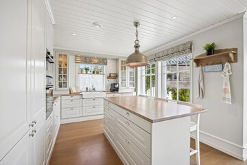 Modern luxury kitchen interior in minimal scandinavian style, 3d render