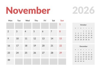 Monthly page Calendar Planner Template design of November 2026. Vector layout of calendar with week start Monday for Scheduling. Page for size A4 or 21x29.7 cm