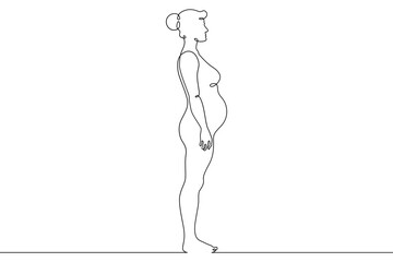 Continuous one line drawing  pregnant woman on a walk. Pregnant woman in late pregnancy,full-length. Motherhood. Line art.One continuous line isolated illustration.Not AI.