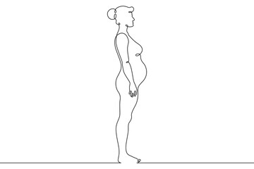 Continuous one line drawing  pregnant woman on a walk. Pregnant woman in late pregnancy,full-length. Motherhood. Line art.One continuous line isolated illustration.Not AI.