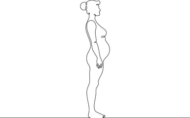 Continuous one line drawing  pregnant woman on a walk. Pregnant woman in late pregnancy,full-length. Motherhood. Line art.One continuous line isolated illustration.Not AI.