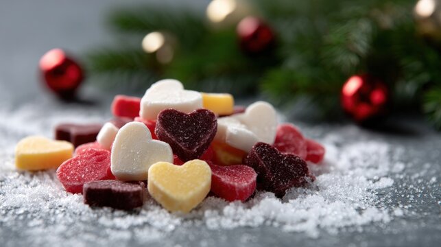 Assorted colorful candies spread across a table, featuring various shapes and textures in bright lighting, perfect for confectionery or sweet-themed projects.