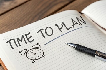 Obraz premium Words spelling 'TIME TO PLAN' and a clock icon on a white book, pen beside, atop modern wooden table