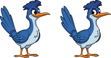 Naklejka premium Cartoon blue bird character illustration, cute animal mascot design, funny feathered creature with crest, orange beak, big eyes, light belly, vector art, isolated