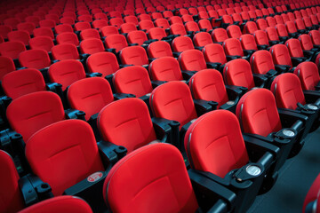 Obraz premium Rows of modern red seats in an empty indoor auditorium, arranged in upward diagonal pattern, creating perspective for events.