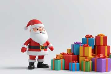 Low poly Santa Claus standing near colorful gift box pile, cheerful holiday scene