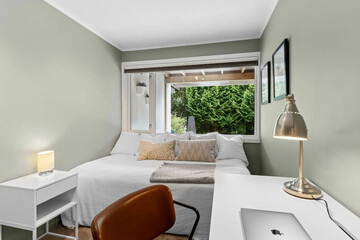 Modern luxury bedroom interior in minimal scandinavian style, 3d render