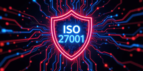 Iso 27001 glowing shield digital circuit security concept, cyber protection background