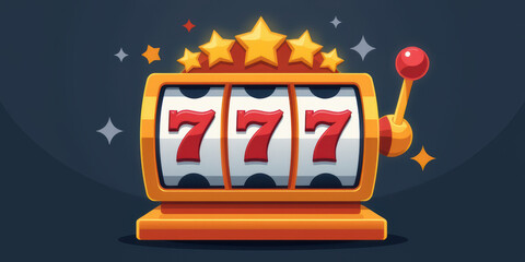 Lucky slot machine with triple seven and stars celebrating win