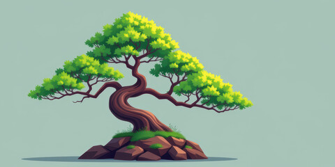 Stylized bonsai tree with twisted trunk and bright green foliage, serene mood