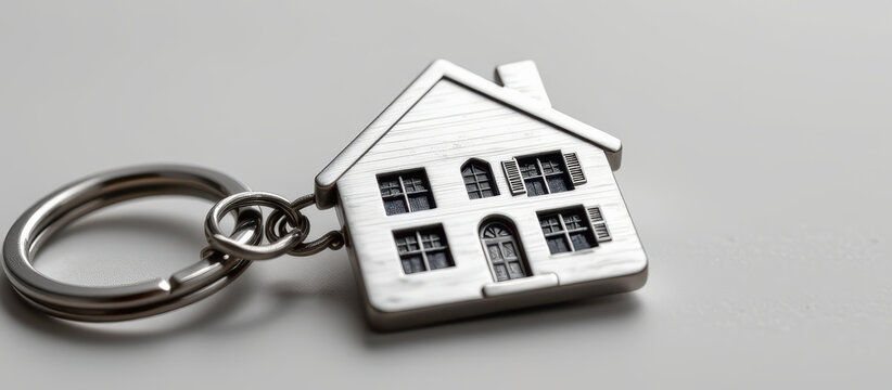 Silver house keychain on neutral background evoking home ownership and security